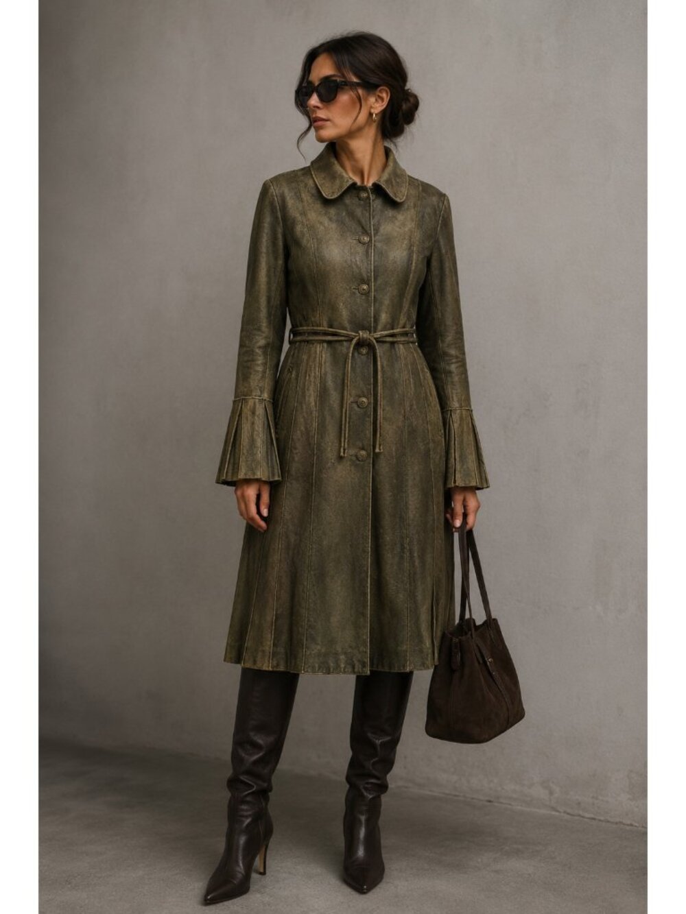 Knoles & Carter Women's Genuine Leather Belted Coat Jacket Khaki Olive Brown M